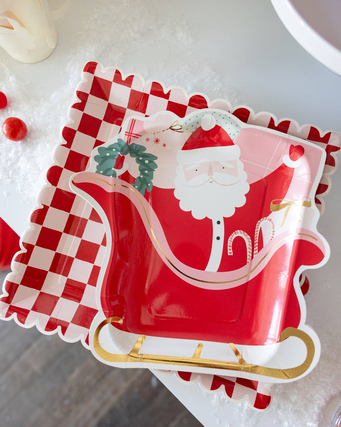 checkered pink and red scalloped edge dinner plates with santa clause plate 