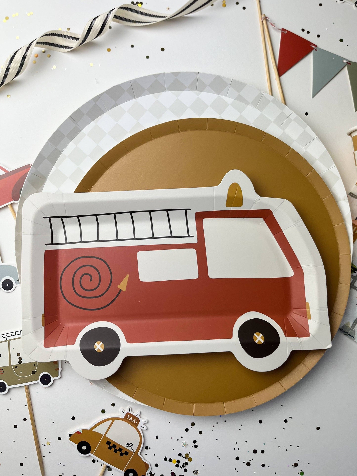 checkered grey large paper plates with fire truck 