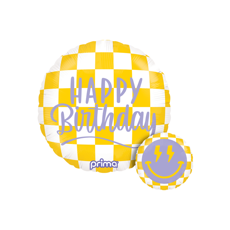 checkered yellow double sided foil balloon with lightening bolt happy face and purple birthday message
photo shows both sides