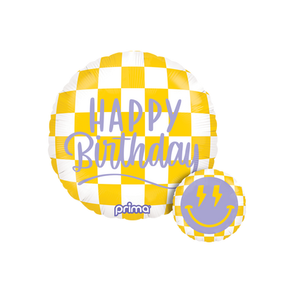 checkered yellow double sided foil balloon with lightening bolt happy face and purple birthday message
photo shows both sides