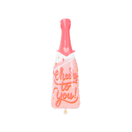 cheers to you writing on a pink foil balloon with cute heart detail