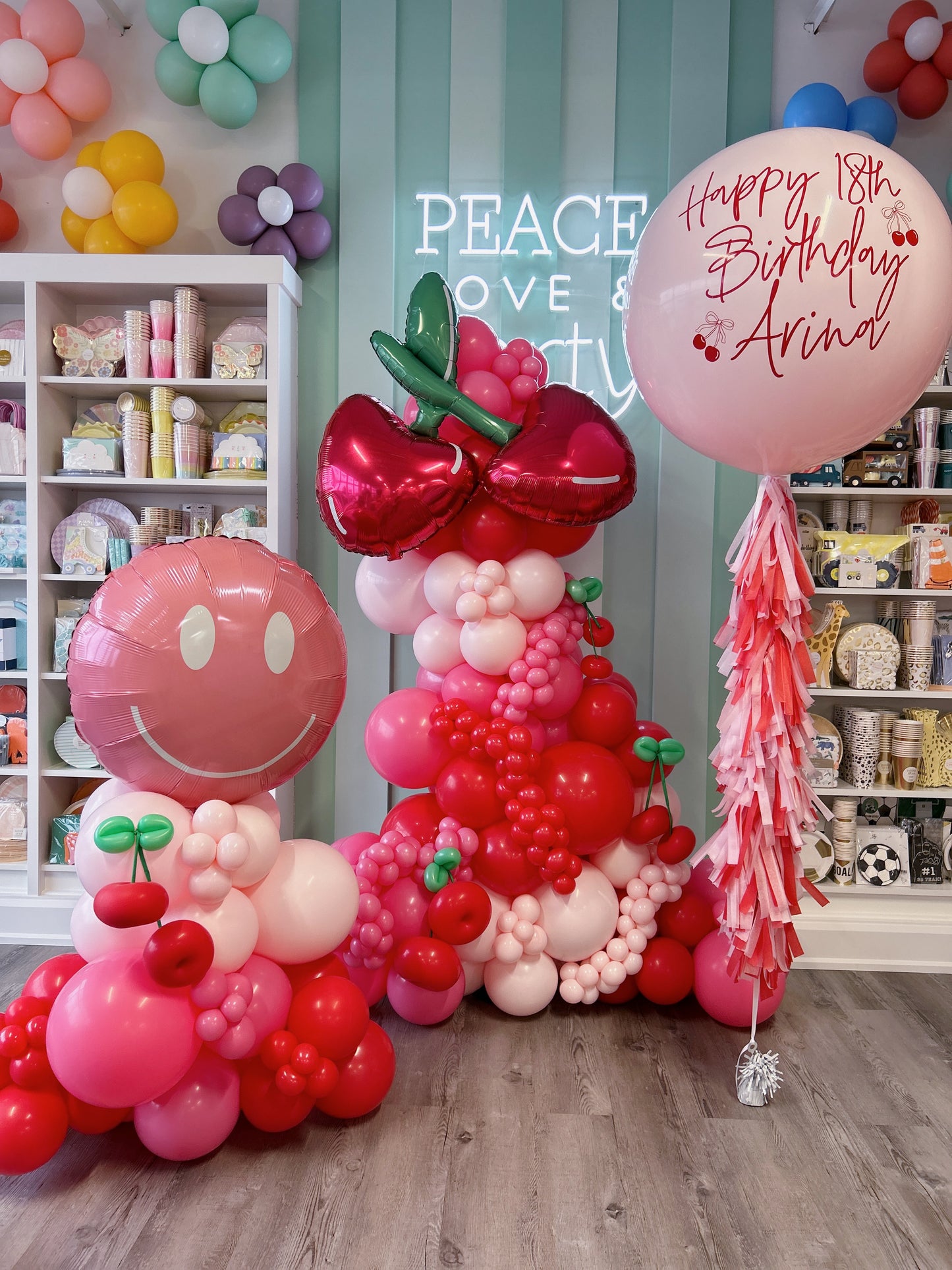 cherry inspired balloon package- mini garland, foil numbers and a jumbo personalized balloon 