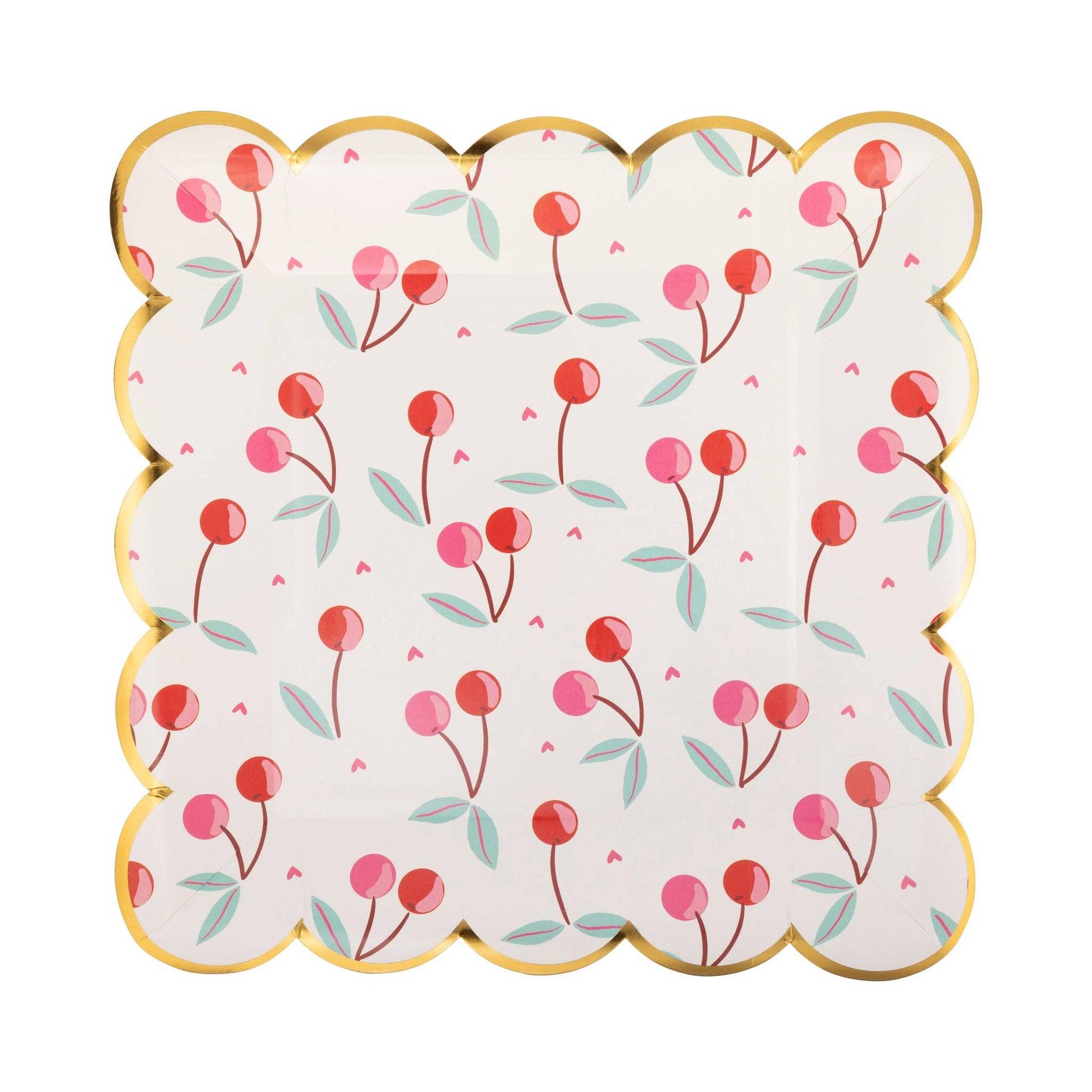 cherry icon paper plates square with a scalloped edge and gold trim 