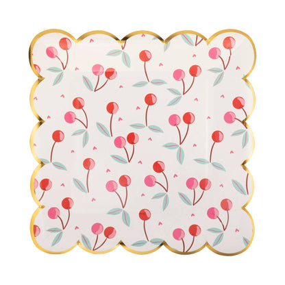 cherry icon paper plates square with a scalloped edge and gold trim 