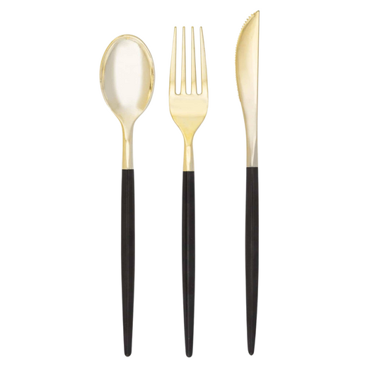 chic black and gold reusable cutlery set - pack of 32 