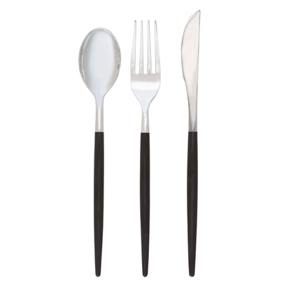 chic black and silver reusable cutlery set - pack of 32