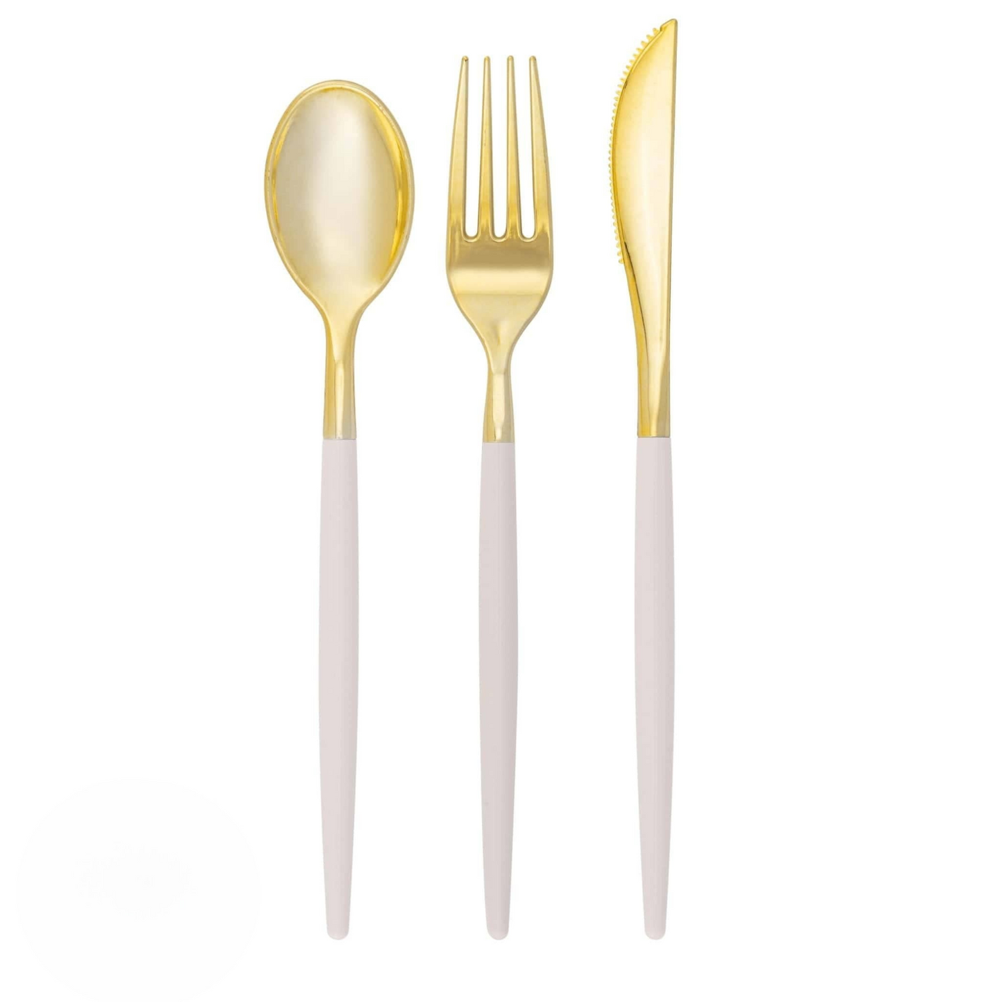 "linen" and gold two toned cutlery set, spoon, fork, knife pictured left to right