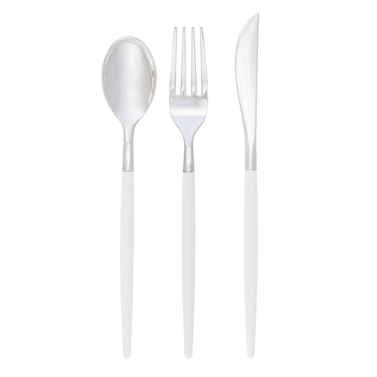 silver and clear reusable cutlery set - pack of 32 - 16 forks 8 knifes 8 spoons 