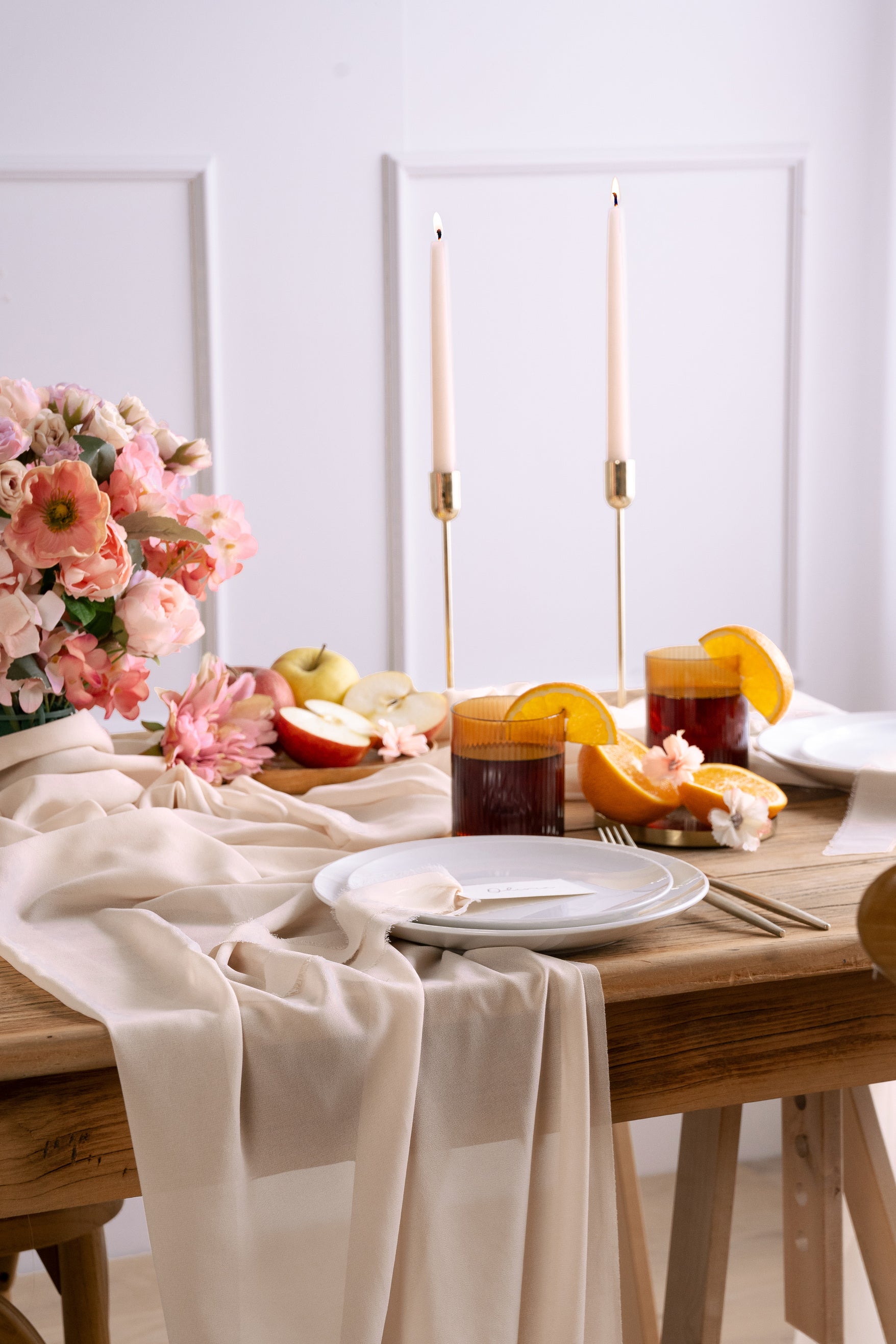 nude chiffon table runner on table with matching decor