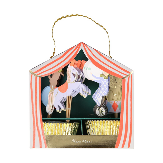 circus tent shaped box with gold foil cupcake cases and circus themed cupcake toppers