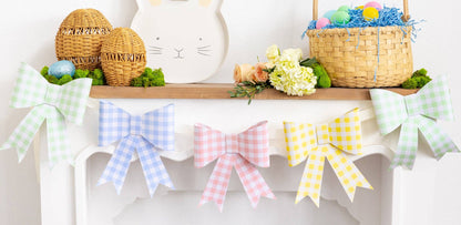 closer up image of the Pastel gingham bow banner on a mantel with easter decor