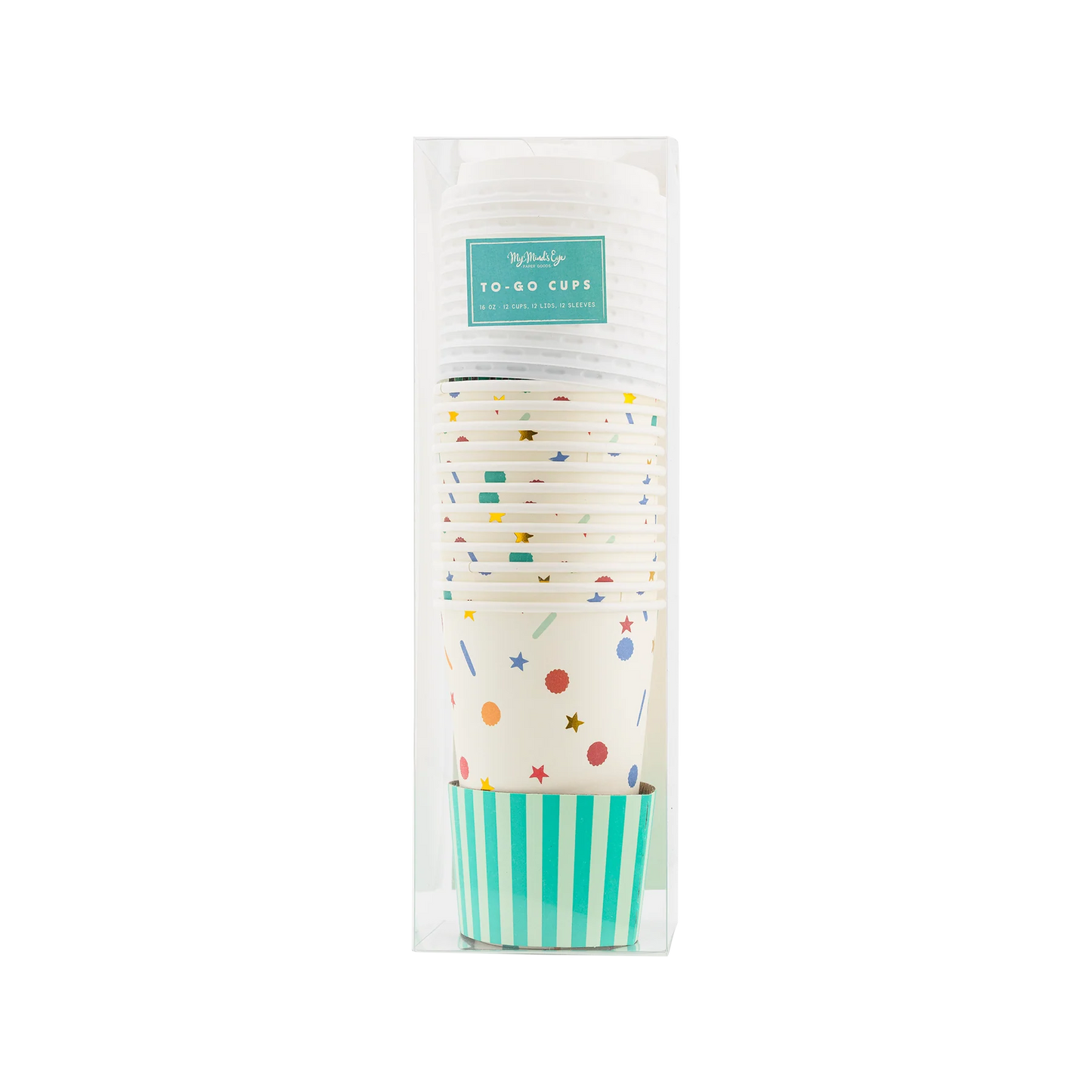 set of 12 colourful confetti to go cups in a clear plastic box