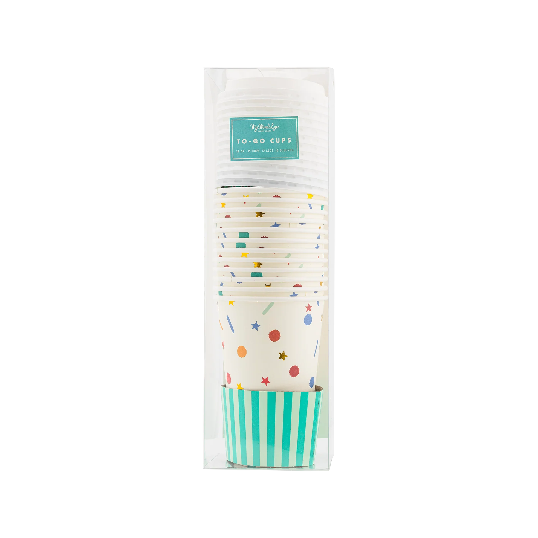 set of 12 colourful confetti to go cups in a clear plastic box