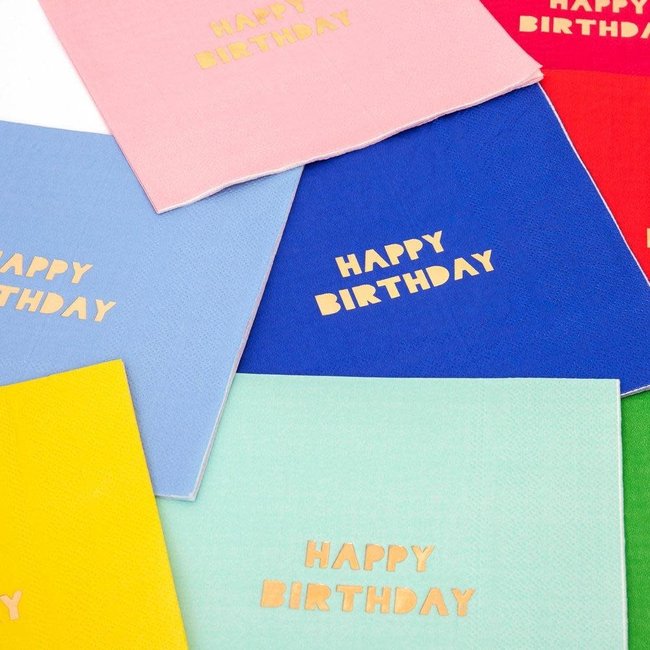 colourful napkins with gold happy birthday print