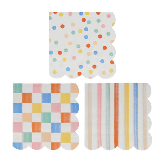 colourful pattern large napkins by meri meri - pack of 16 in 3 designs 