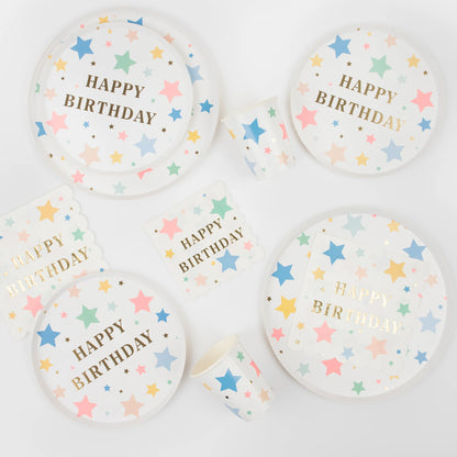 happy birthday party plates, cups and napkins