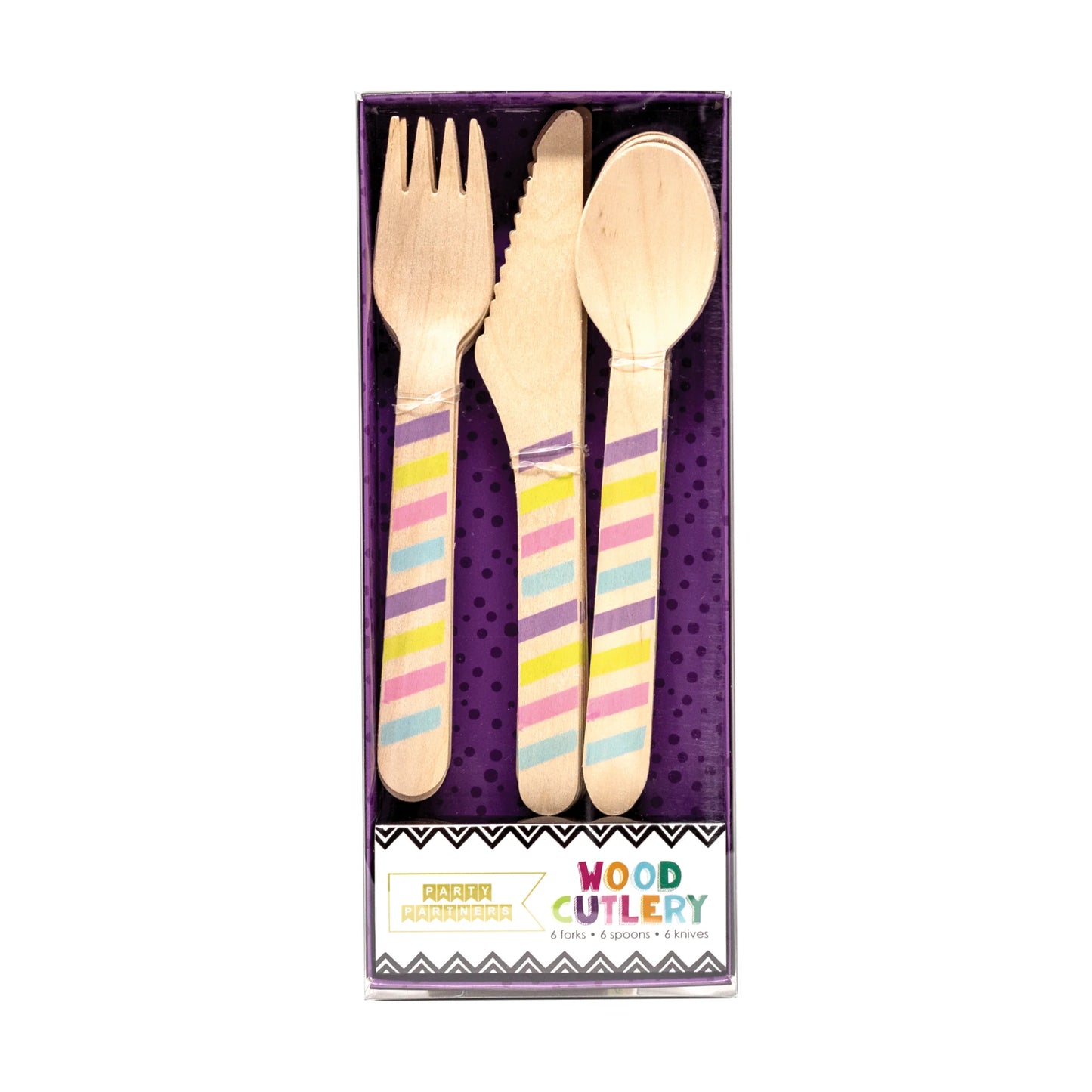 18 piece wooden cutlery set with colourful striped handles