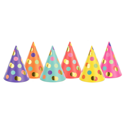 6 party hats in purple, orange, teal, red, yellow and pink with multicoloured confetti accents