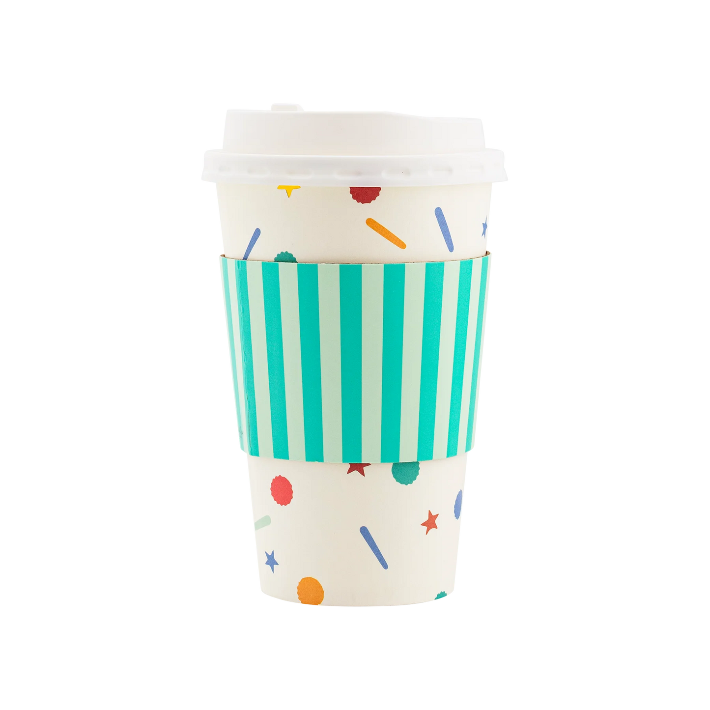 White paper to-go cup with a plastic lid, featuring a confetti sprinkle design and a striped teal sleeve.