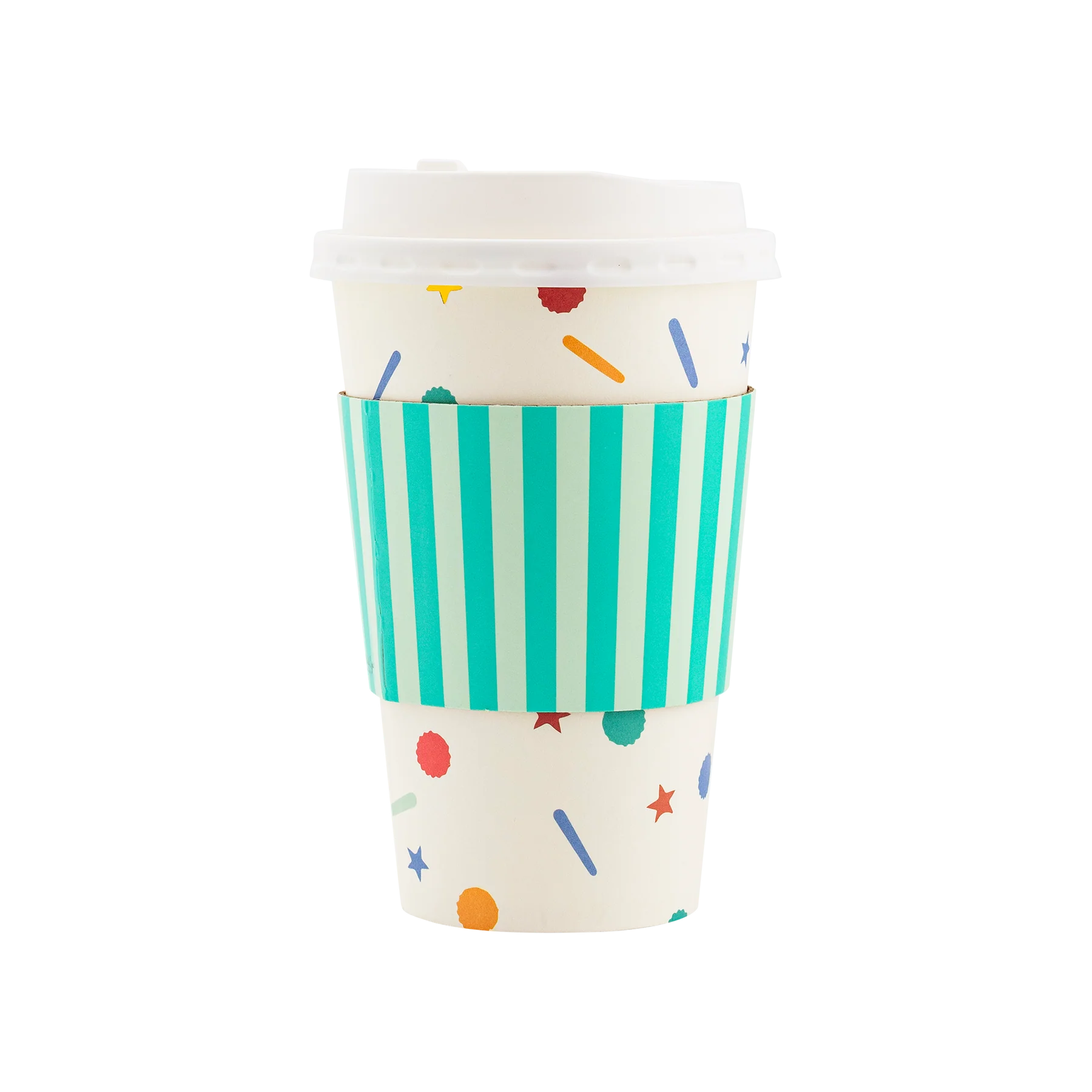 White paper to-go cup with a plastic lid, featuring a confetti sprinkle design and a striped teal sleeve.