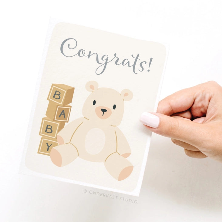 congrats! Can't wait to meet the little one baby card teddy bear illustration 