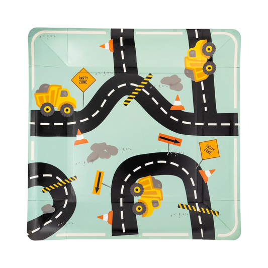 square paper plate with construction site illustration featuring roads, construction trucks and party zone signs