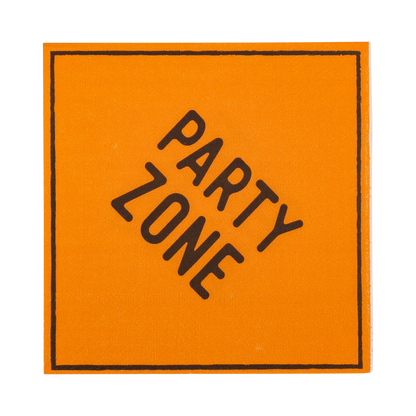 Orange square napkin resembling a construction sign with 'paper zone' message in black.