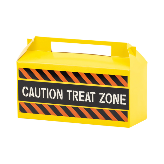 Yellow treat box with a handle featuring a caution tape design and the text "CAUTION TREAT ZONE" on the front.