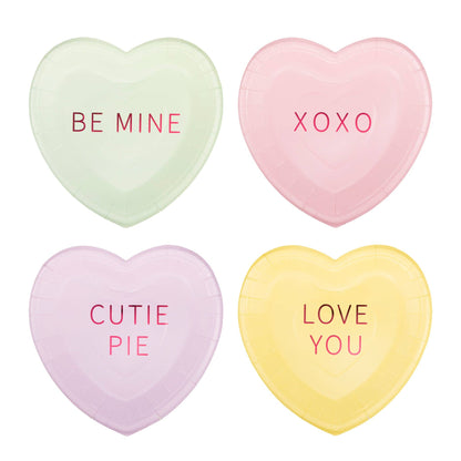 conversation hearts dessert plates 2 of each of 4 designs ( be mine, xoxo, cutie pie, love you)