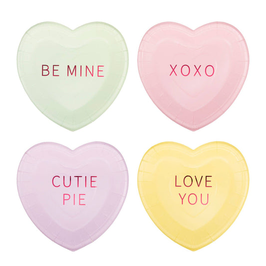 conversation hearts dessert plates 2 of each of 4 designs ( be mine, xoxo, cutie pie, love you)