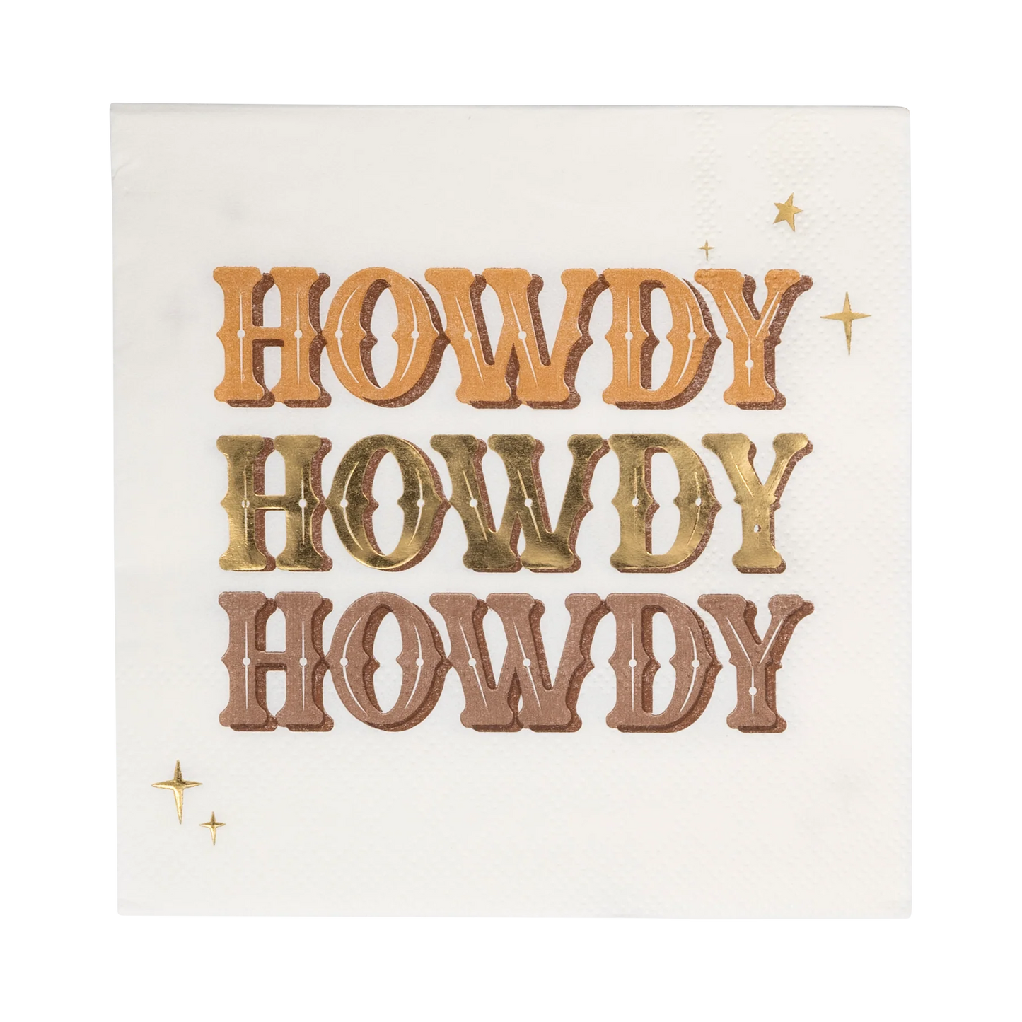 beige cocktail napkin with 'howdy' message in western inspired font