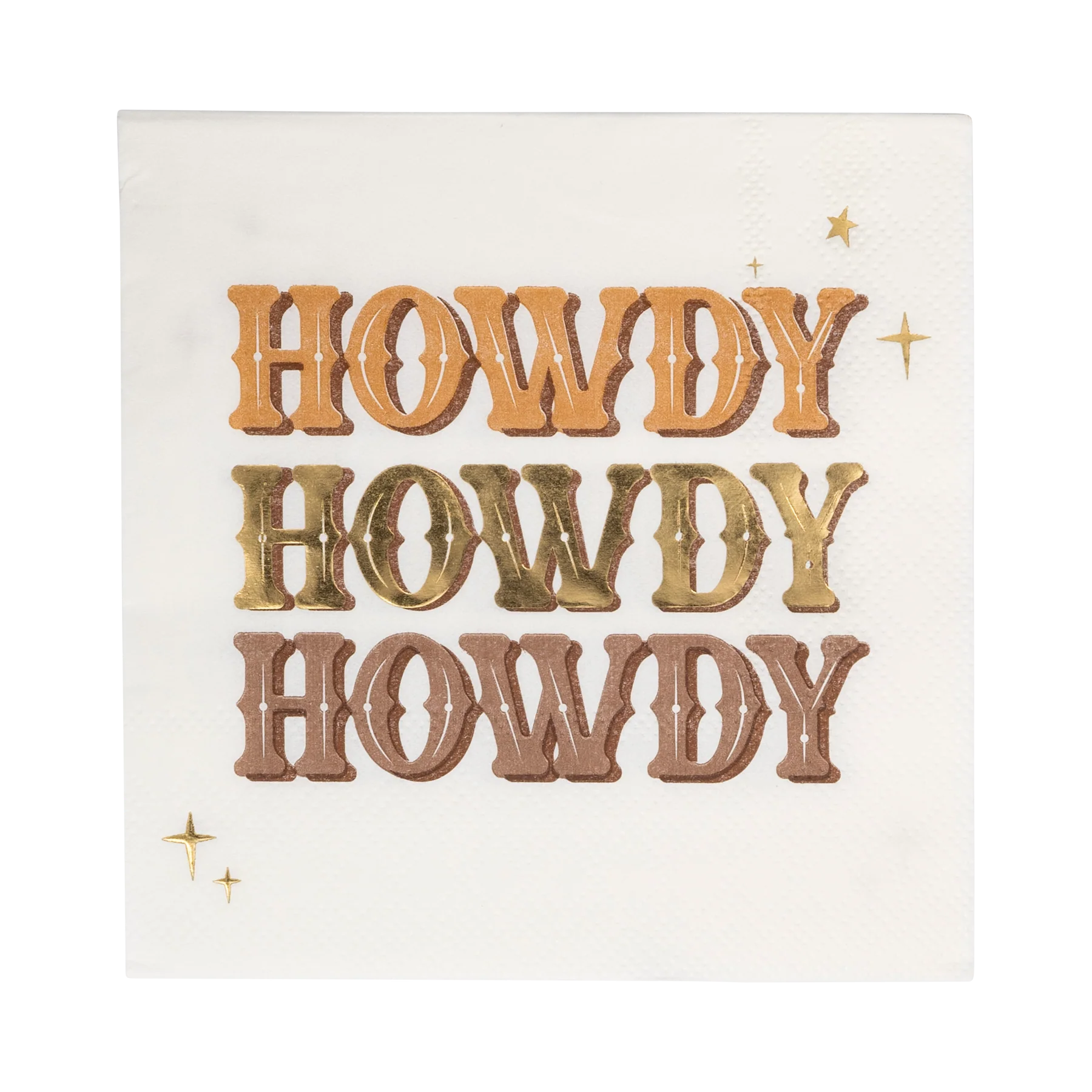 beige cocktail napkin with 'howdy' message in western inspired font