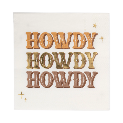 beige cocktail napkin with 'howdy' message in western inspired font