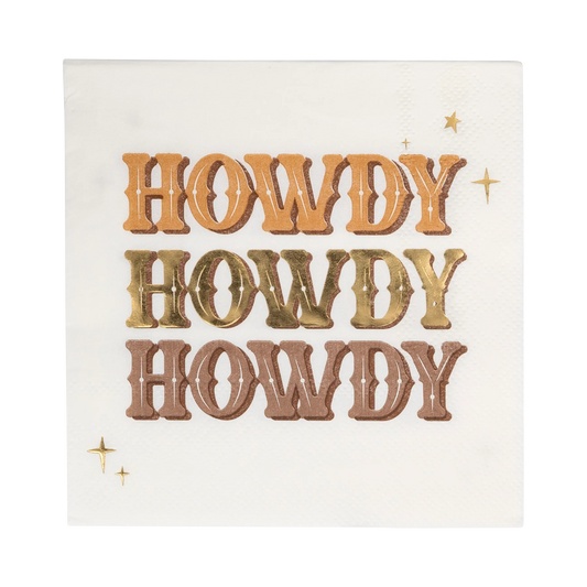 beige cocktail napkin with 'howdy' message in western inspired font