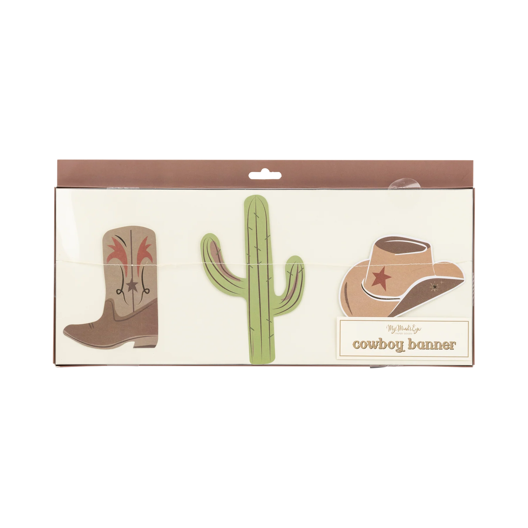 Cowboy-themed banner with images of a cowboy boot, cactus, and cowboy hat in a clear packaging.