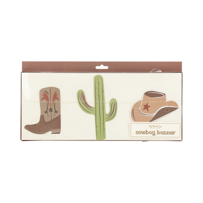 Cowboy-themed banner with images of a cowboy boot, cactus, and cowboy hat in a clear packaging.