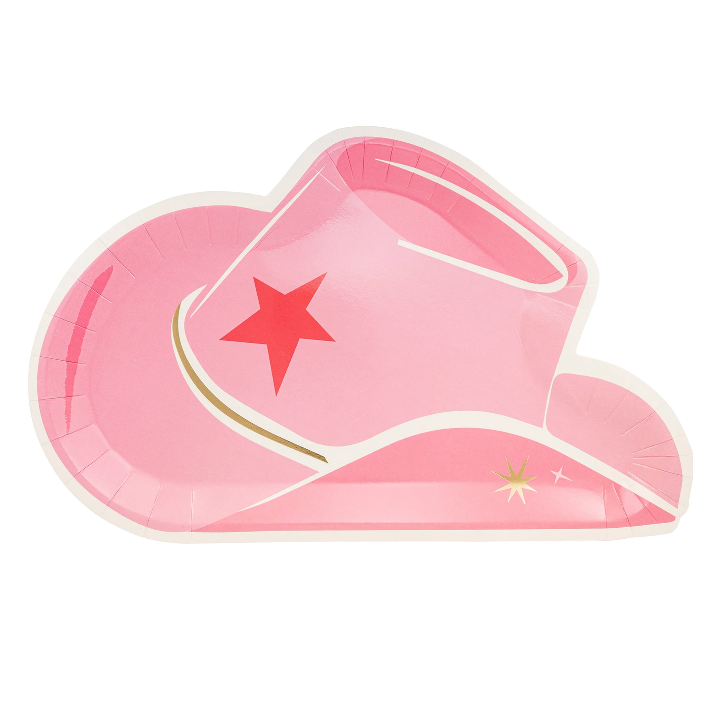 pink cowboy shaped paper plate with gold star accents