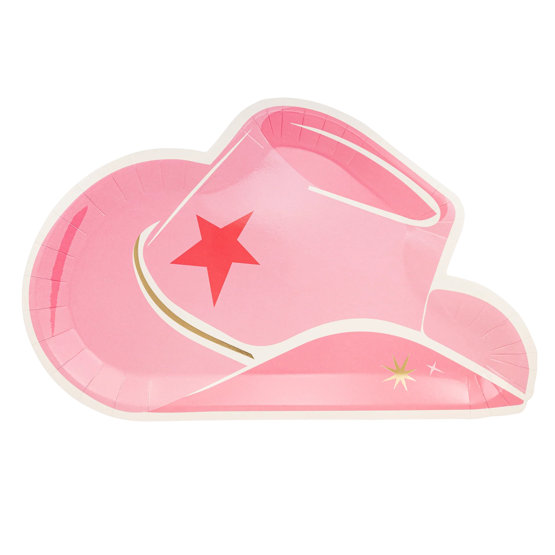 pink cowboy shaped paper plate with gold star accents