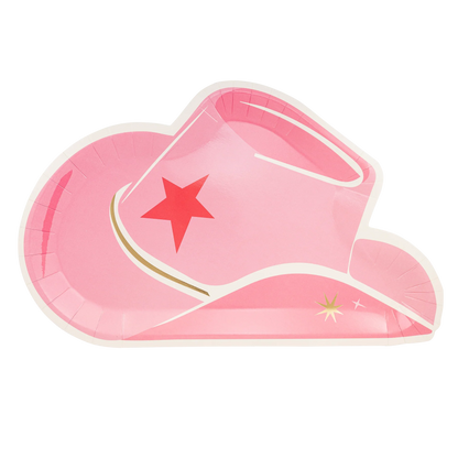 pink cowboy shaped paper plate with gold star accents