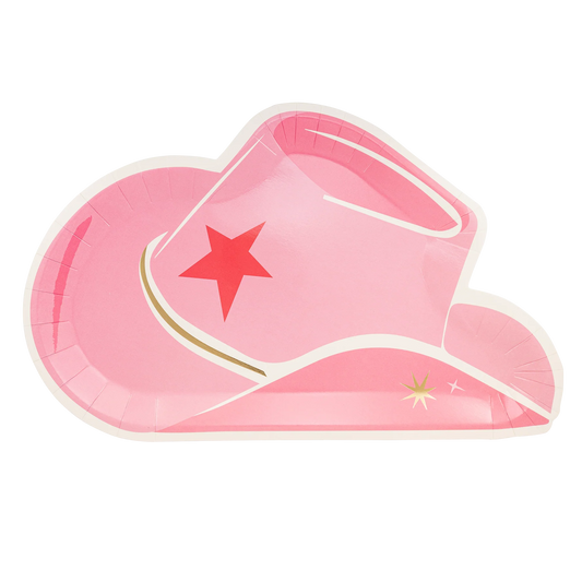 pink cowboy shaped paper plate with gold star accents