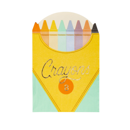 napkin shaped to resemble a crayon box with 'crayons' written in gold stylized font