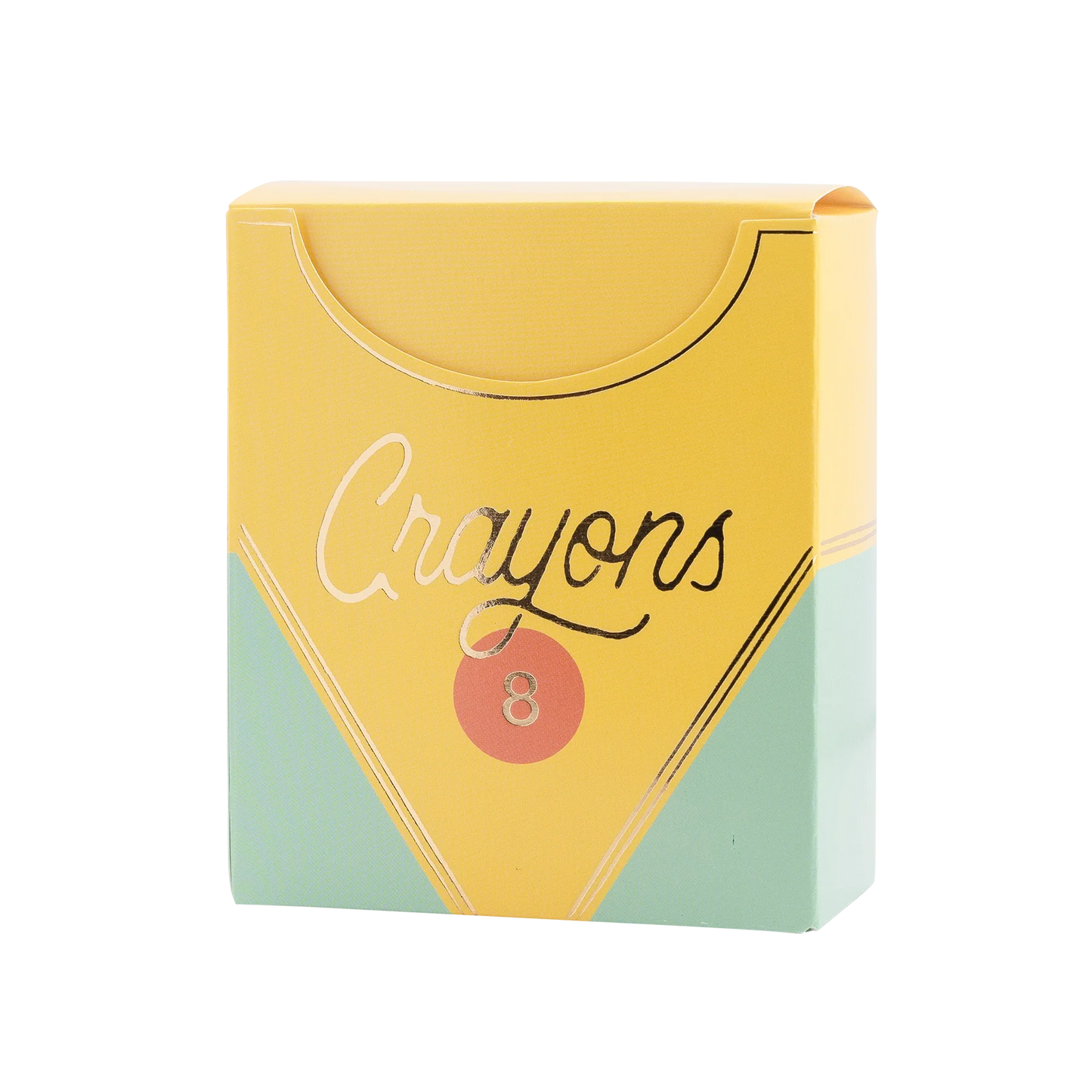 yellow treat box made to resemble a crayon box with gold accents and 'crayons' in gold stylized text