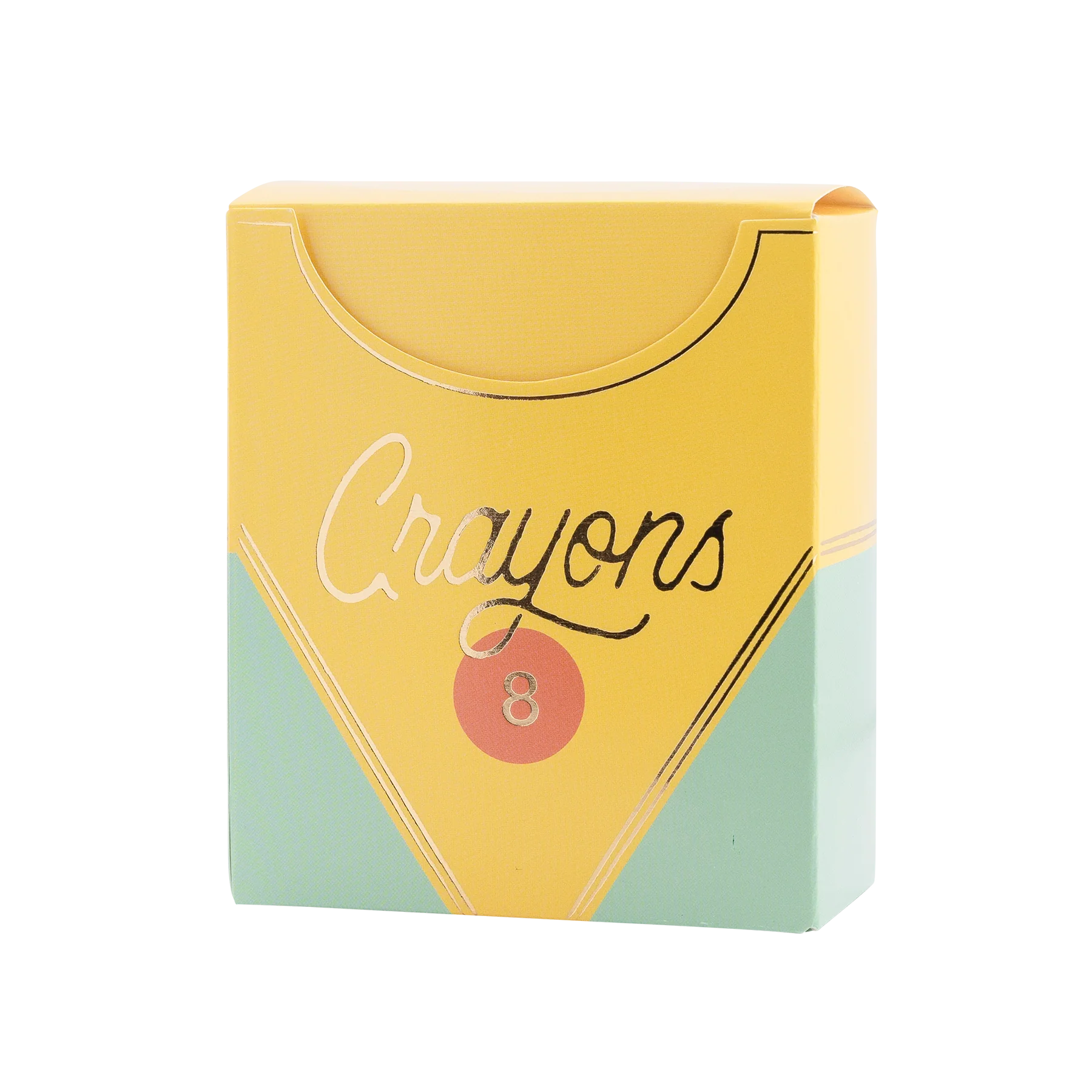 yellow treat box made to resemble a crayon box with gold accents and 'crayons' in gold stylized text