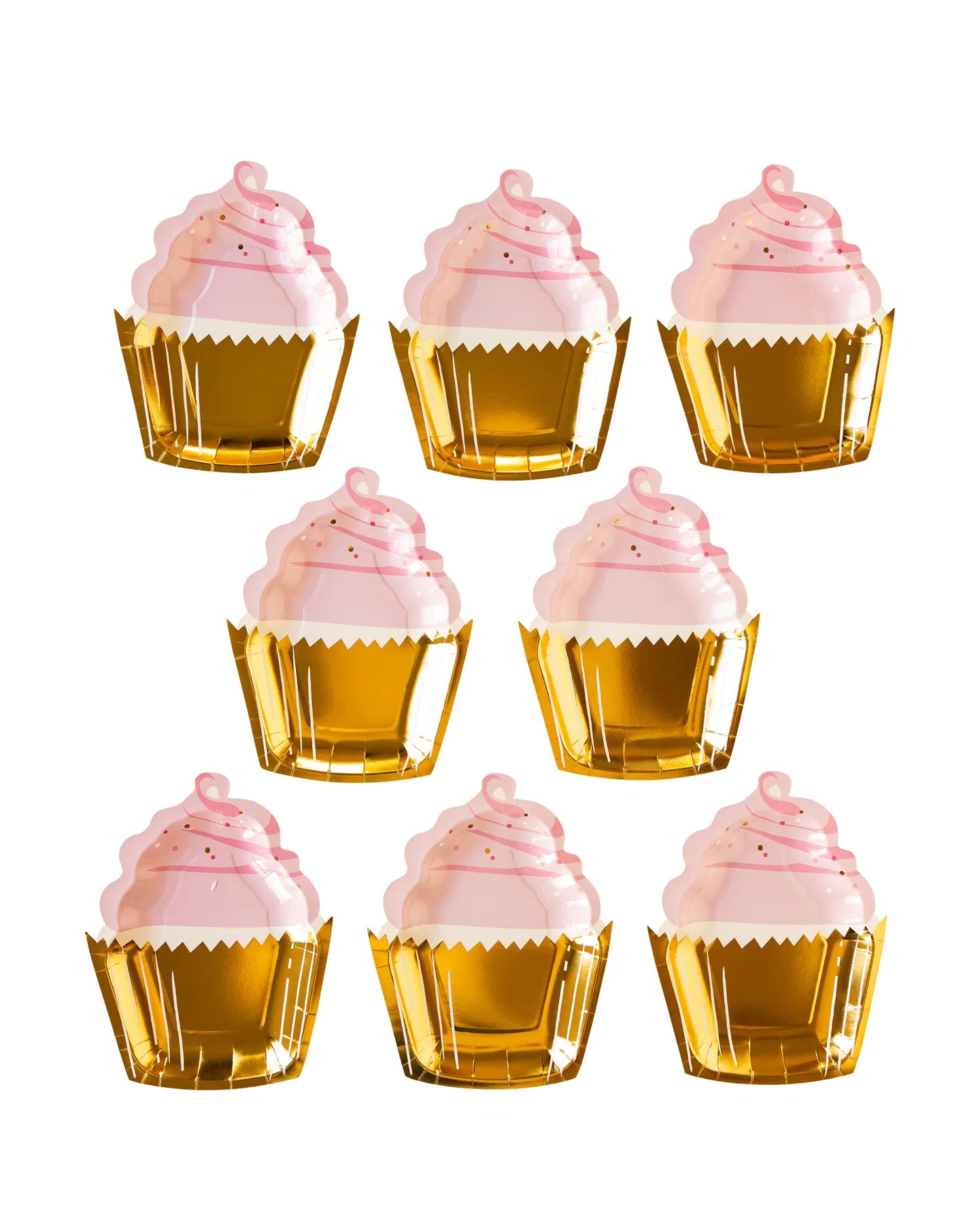 Eight identical cupcake-shaped paper plates with pink frosting and gold liners laid flat