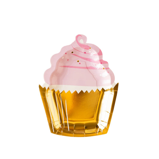 cupcake shaped paper plate with gold baking liner and pink frosting