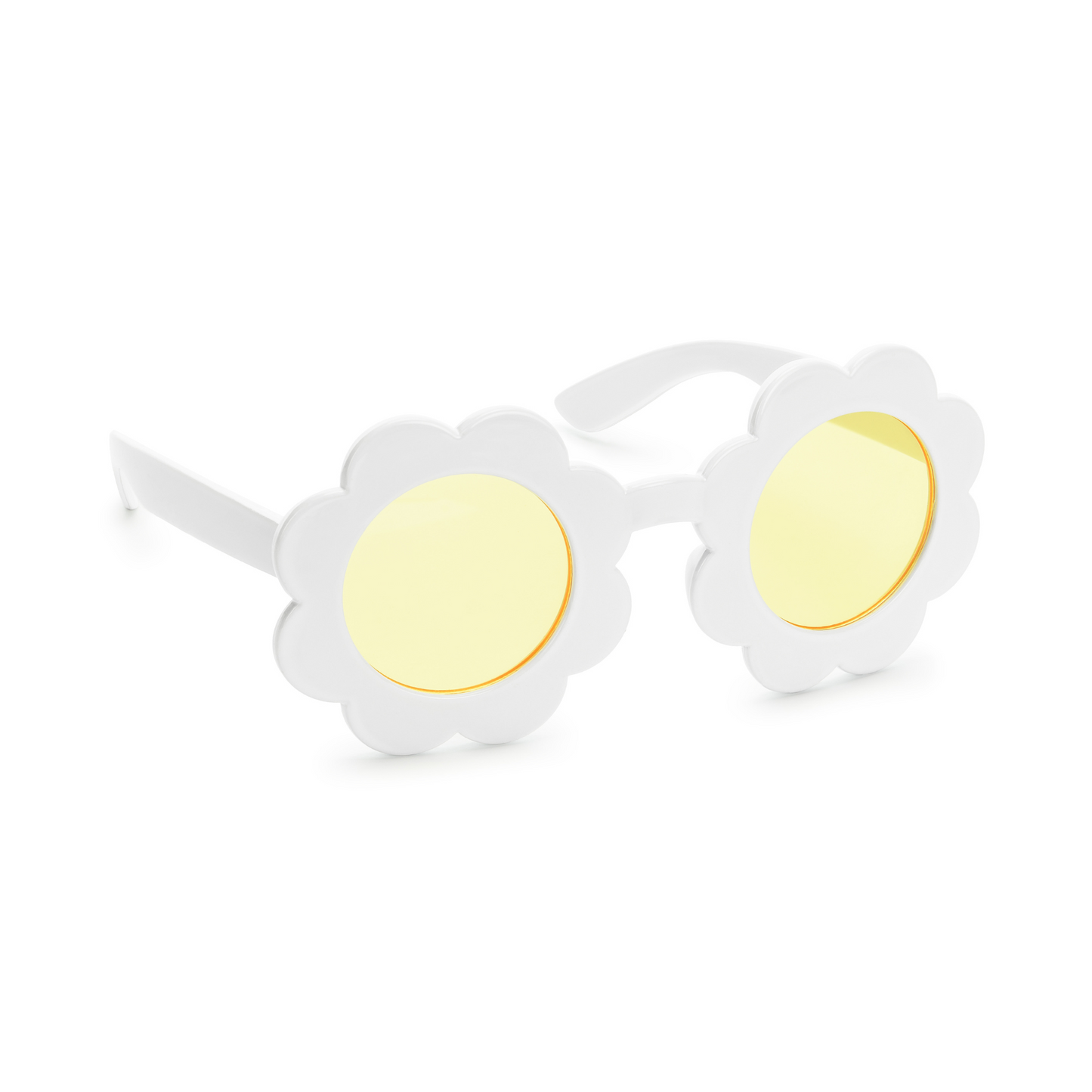 daisy shaped sunglasses with yellow lenses and white daisy shaped frames