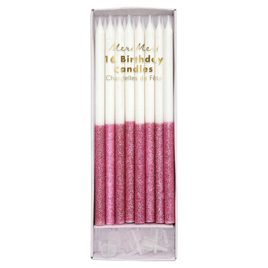 dark pink dipped glitter candles by meri meri - pack of 16