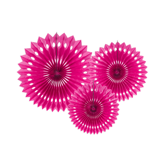 three dark pink tissue paper rosettes