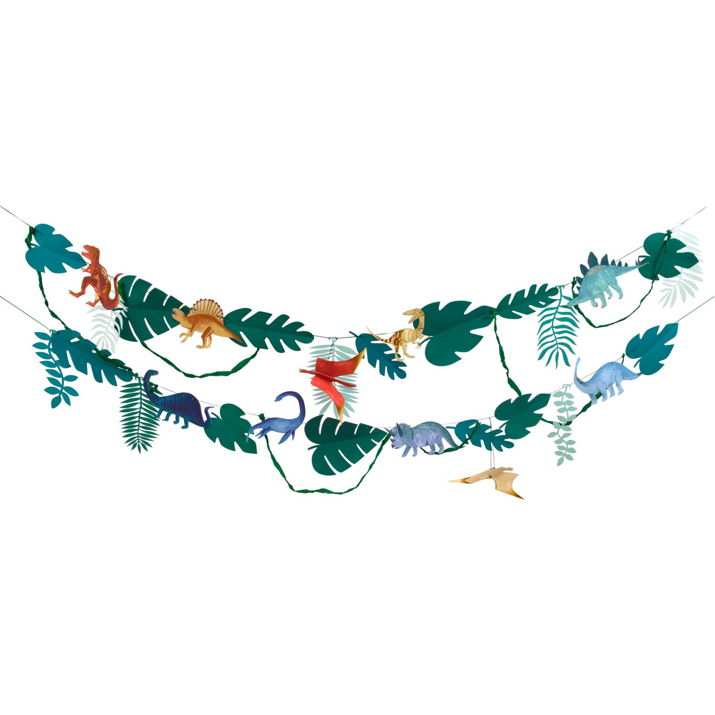 dinosaur kingdom large hanging garland by meri meri - with 10 dinosaur pennants and 20 leaf pennants 