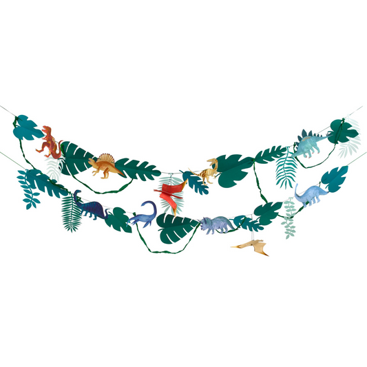 dinosaur kingdom large hanging garland by meri meri - with 10 dinosaur pennants and 20 leaf pennants 